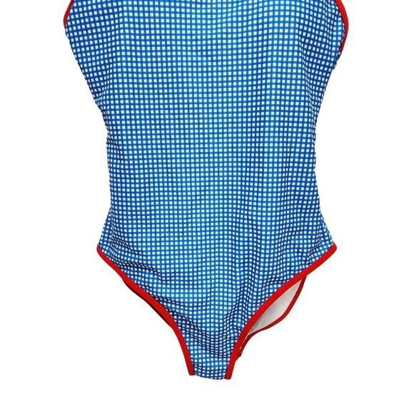 Blue & White Gingham One-Piece Swimsuit With Red Trim Size L - Picture 5 of 9